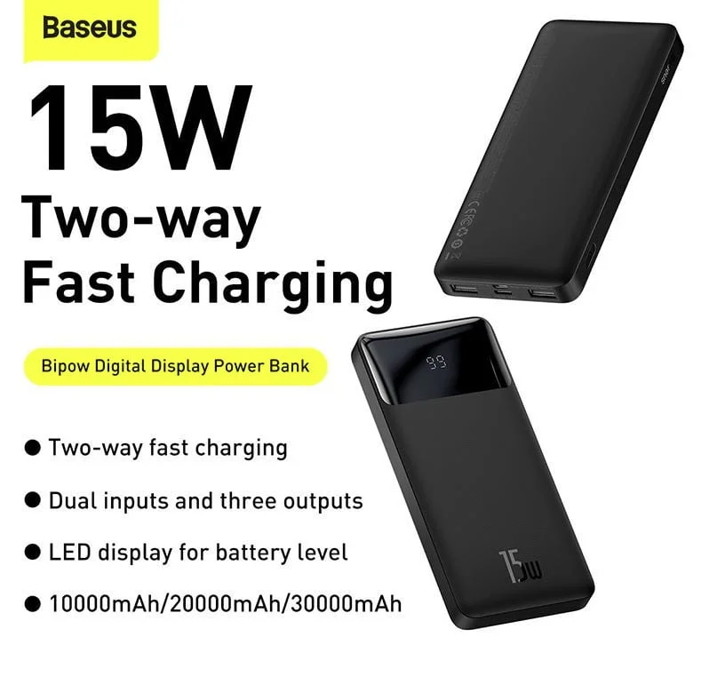 Picture of BASEUS BIPOW 10000mAh 15W Digital Display Fast Charging Power Bank - Black - Black
