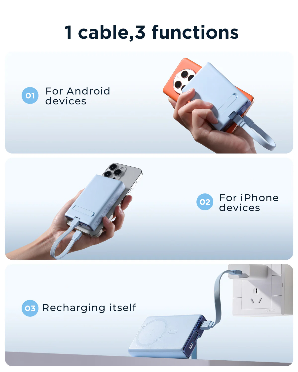 Picture of JOYROOM JR-PBM01 20W Power Bank 10000mAh with Built-in Cable&Kickstand - White - White