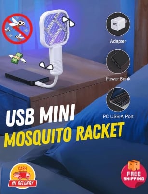 Picture of Electric Shock Mosquito Swatter Trap Pest Control UV Light USB Insect Racket Mini Portable Fly Bug Zapper Bedroom - White