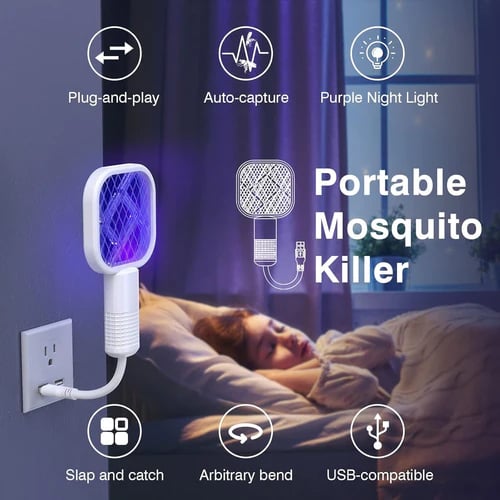 Picture of Electric Shock Mosquito Swatter Trap Pest Control UV Light USB Insect Racket Mini Portable Fly Bug Zapper Bedroom - White