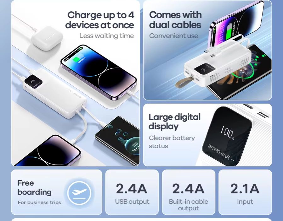 Picture of Remax RPP-659 2.4A Fast Charging Type-C Portable Charging 30000mAh 2USB High Capacity Power Bank With Dual Cable - Black