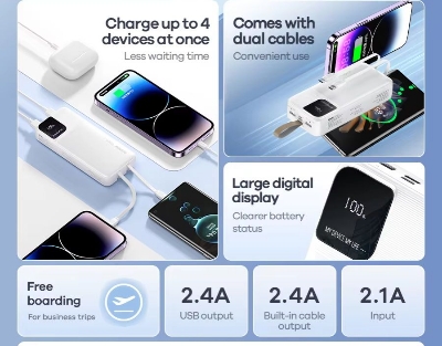 Picture of Remax RPP-659 2.4A Fast Charging Type-C Portable Charging 30000mAh 2USB High Capacity Power Bank With Dual Cable - Black