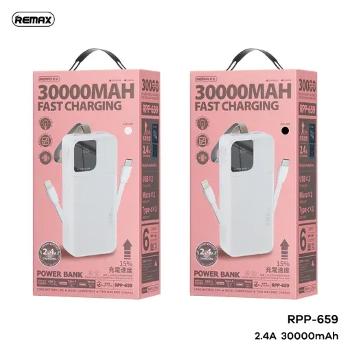 Picture of Remax RPP-659 2.4A Fast Charging Type-C Portable Charging 30000mAh 2USB High Capacity Power Bank With Dual Cable - Black