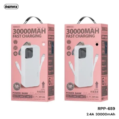 Picture of Remax RPP-659 2.4A Fast Charging Type-C Portable Charging 30000mAh 2USB High Capacity Power Bank With Dual Cable - Black