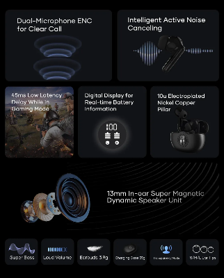 Picture of Wavefun Star 2 ANC Bluetooth Earphone V5.3 Wireless Headphones Digital Display Active Noise Cancelling Earbuds Super Bass - Black - Black