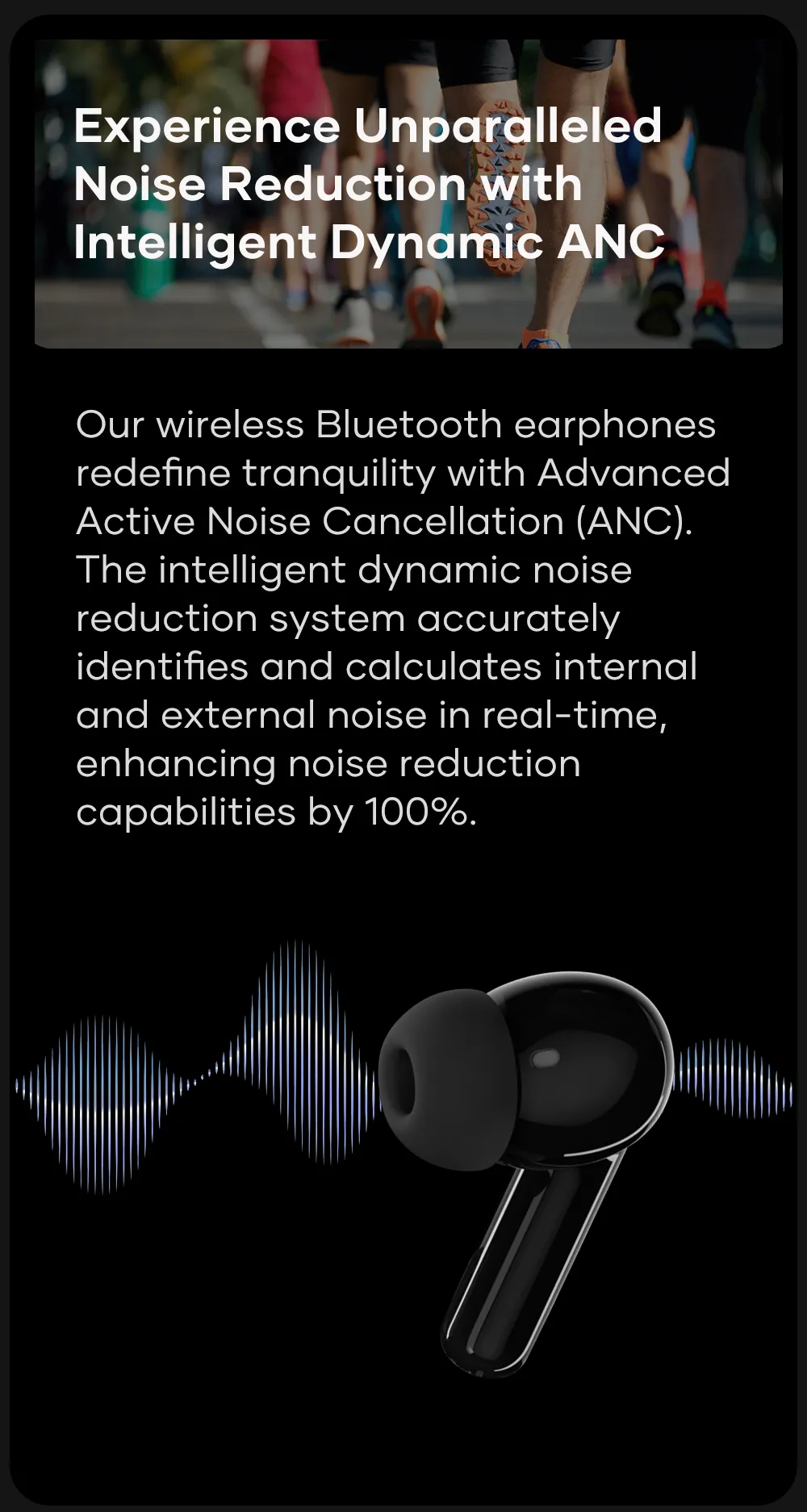 Picture of Wavefun Star 2 ANC Bluetooth Earphone V5.3 Wireless Headphones Digital Display Active Noise Cancelling Earbuds Super Bass - Black - Black