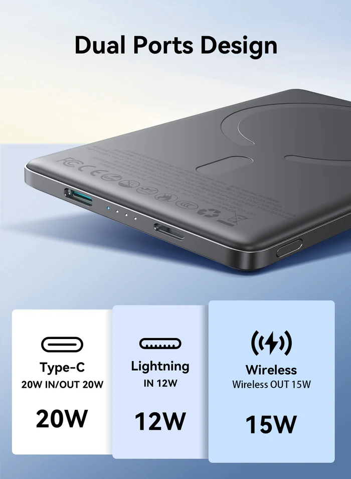 Picture of Joyroom PBM08 Pro Ultra-Slim 10000mAh Magnetic Wireless Power Bank with 20W Charging Dual Port with Type-C & Lightning Plug - Compact and Durable - Black