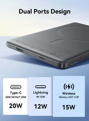 Picture of Joyroom PBM08 Pro Ultra-Slim 10000mAh Magnetic Wireless Power Bank with 20W Charging Dual Port with Type-C & Lightning Plug - Compact and Durable - Black