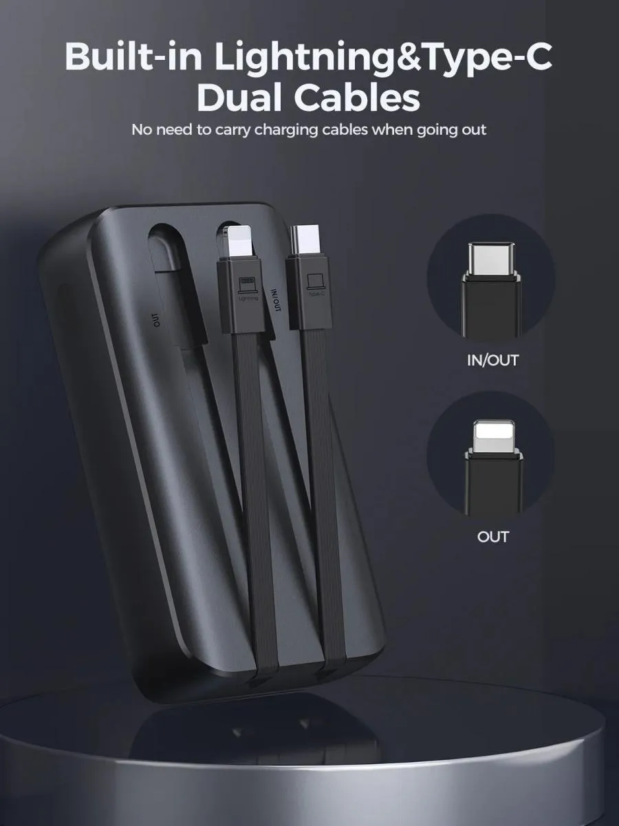 Picture of Joyroom JR-PBC06 30W Mini  10000mAh Power Bank with Dual Cables - Black - Black