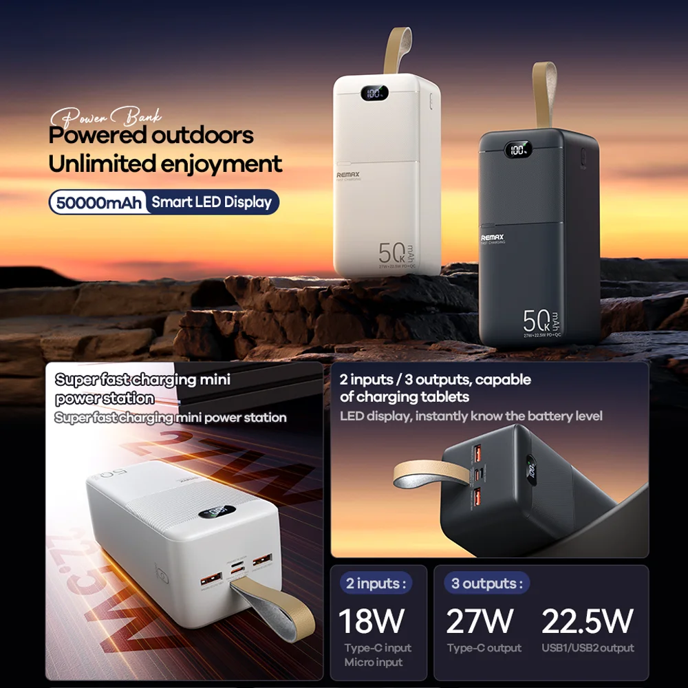 Picture of Remax RPP-117 Piloteer Series 50000mAh 27W Fast Charging (PD 27W+QC 22.5W) Power Bank - White - White