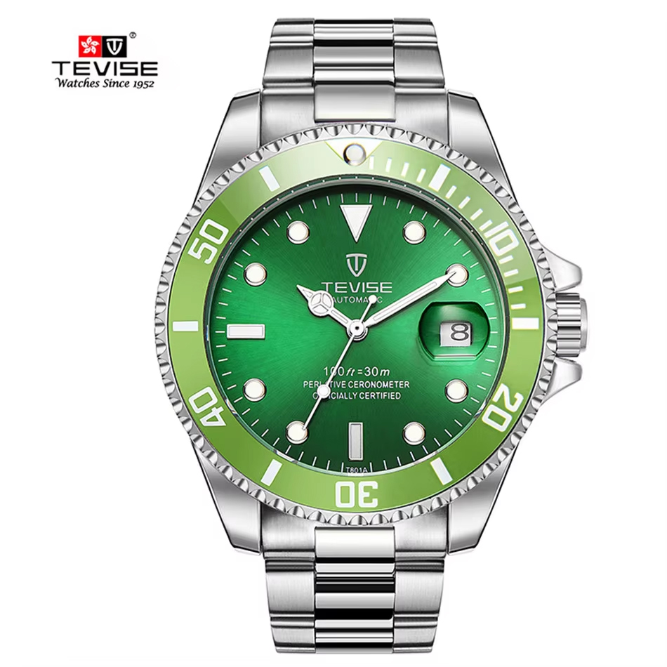 Picture of Tevise Top Brand Men Mechanical Automatic Fashion Luxury Watch- Silver-Green - Silver Green