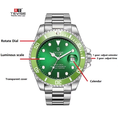 Picture of Tevise Top Brand Men Mechanical Automatic Fashion Luxury Watch- Silver-Green - Silver Green