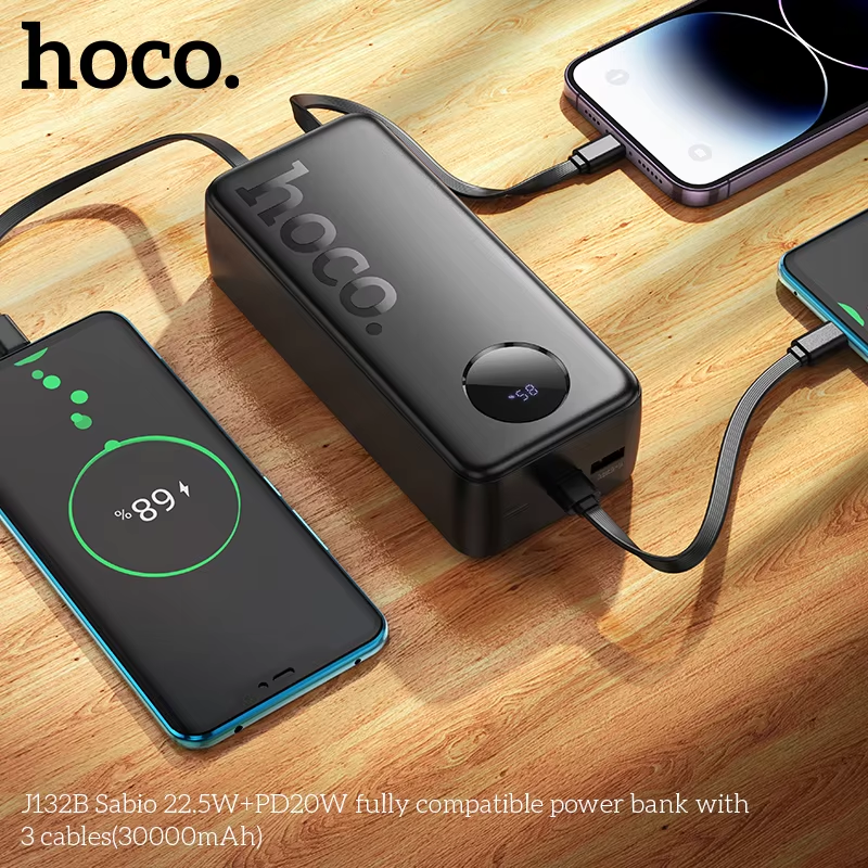 Picture of HOCO J132B 30000mAh 22.5W+PD20W Fast Charging Adapter Travel Power Bank With 3 Cables - Black
