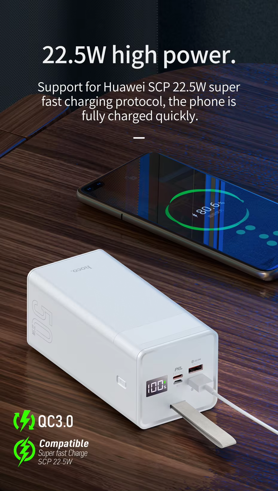 Picture of HOCO J86A 50000mAh Portable Cell Phone Battery 22.5W Fast Charging Power Bank - Black
