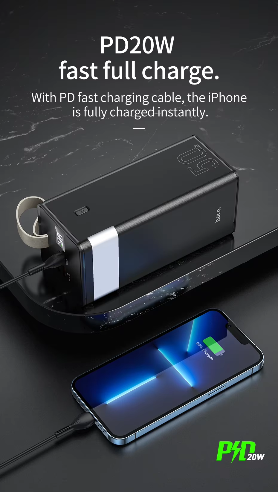 Picture of HOCO J86A 50000mAh Portable Cell Phone Battery 22.5W Fast Charging Power Bank - Black
