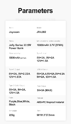 Picture of JOYROOM JR-L003 Jelly Series 22.5W Power Bank 10000mAh with Lightning Cable - Black