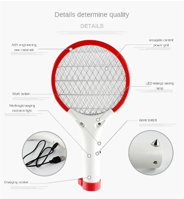 Picture of USB Car Mini Electric Mosquito Swatter Summer Mosquito Insect Racket Killer Rechargeable Handheld Bug Zapper For Bedroom & Outdoor With Powerfull LED Light - Random