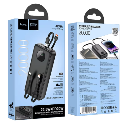 Picture of HOCO J132A 22.5W+PD20W Portable High Capacity Fast Charging  20000mAh Power Bank With 3 Cables - Black - Black