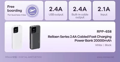 Picture of Remax Rpp-657 Fast Charging Mini Cheap Power Bank Portable With Data Cable Ultra Thin Small 10000mAh Powerbank - Black