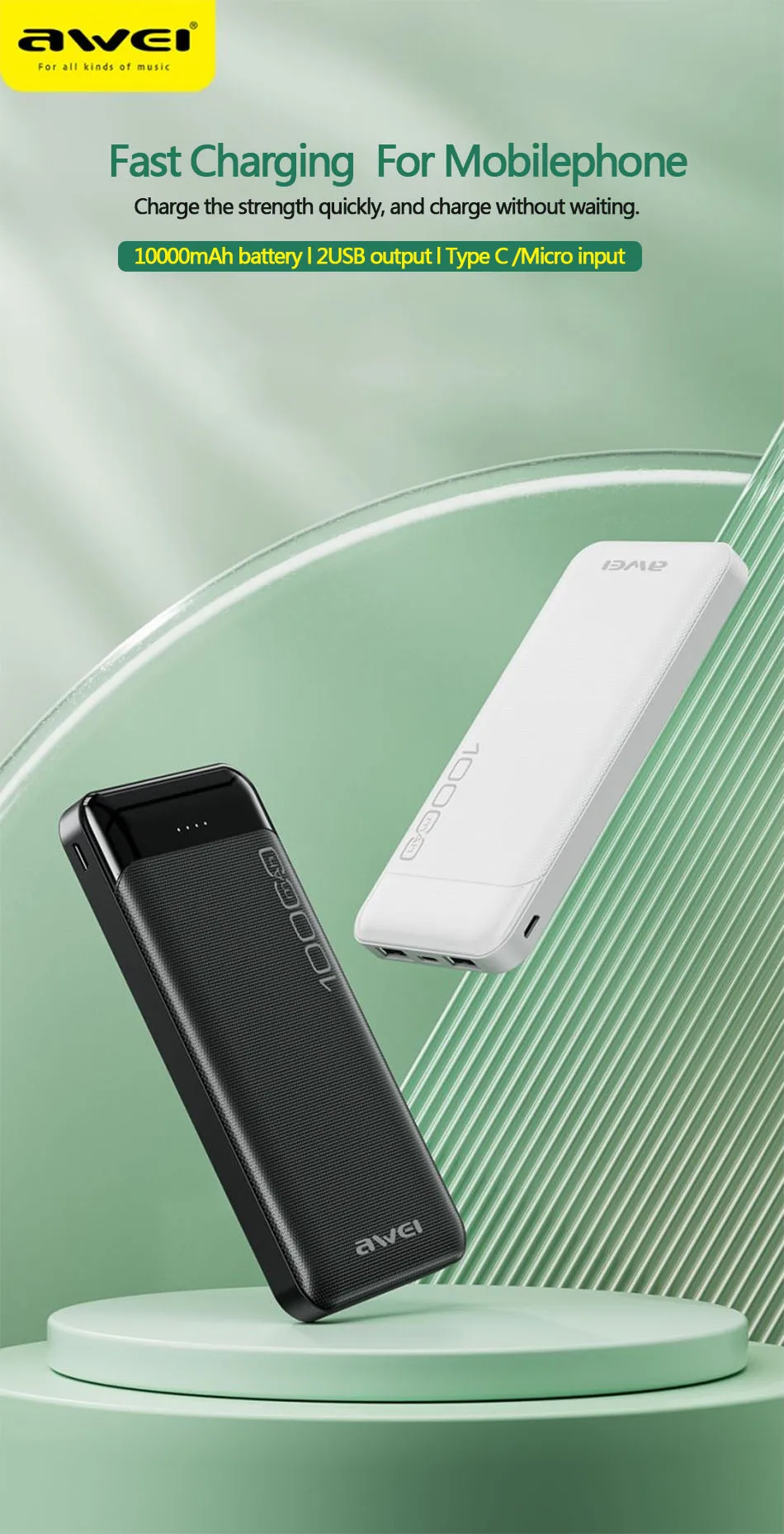 Picture of Awei P37K 2.1A Fast Charging Portable 10000mAh Power Bank - Black - Black