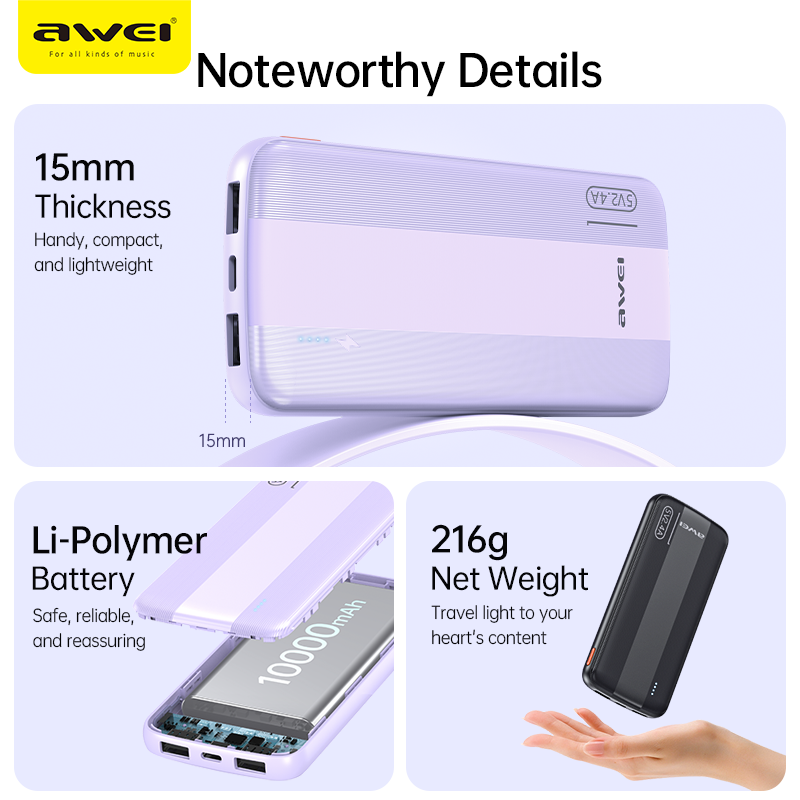 Picture of Awei P20K 2.4A Fast Charging Slim Looking 10000mAh PowerBank With Dual Output - Black - Black