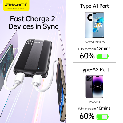 Picture of Awei P20K 2.4A Fast Charging Slim Looking 10000mAh PowerBank With Dual Output - Black - Black