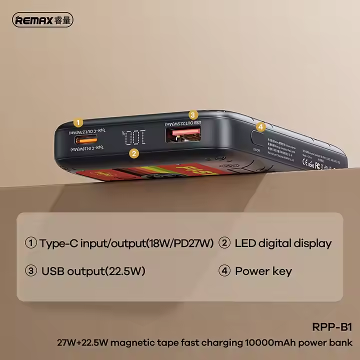Picture of Remax RPP-B1 27W + 22.5W Fast Charging Power Bank 10000mAh Portable Powerbank - Black
