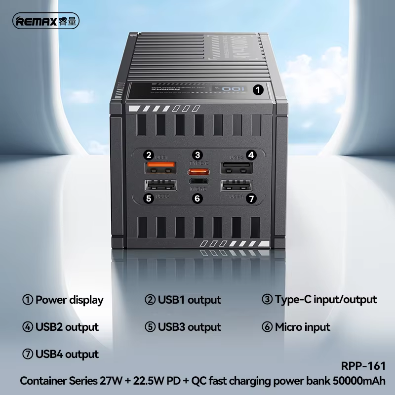 Picture of REMAX RPP-161 Container Series PD27W+ QC22.5W Fast Charging 50000mAh Power Bank - Black - Black