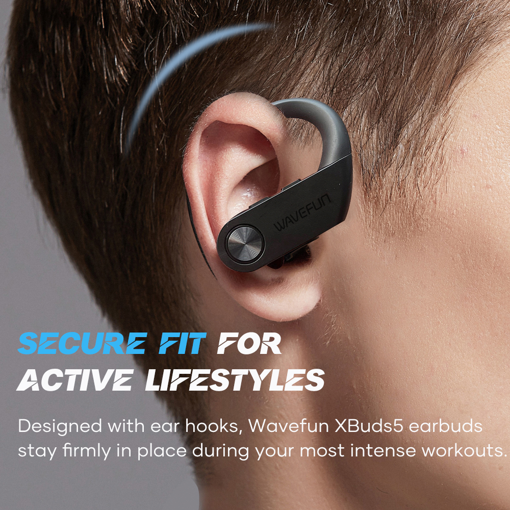 Picture of Wavefun XBuds 5 Wireless Earphone with Ear Hook IPX8 Waterproof 2000mAh Charging Case with Power Bank Function BT5.3 Workout Outdoor Headphones - Black