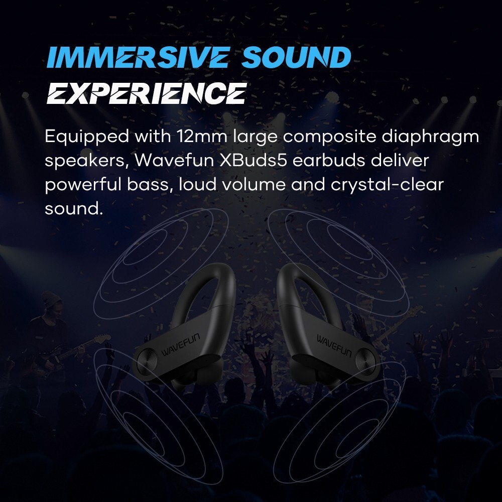 Picture of Wavefun XBuds 5 Wireless Earphone with Ear Hook IPX8 Waterproof 2000mAh Charging Case with Power Bank Function BT5.3 Workout Outdoor Headphones - Black