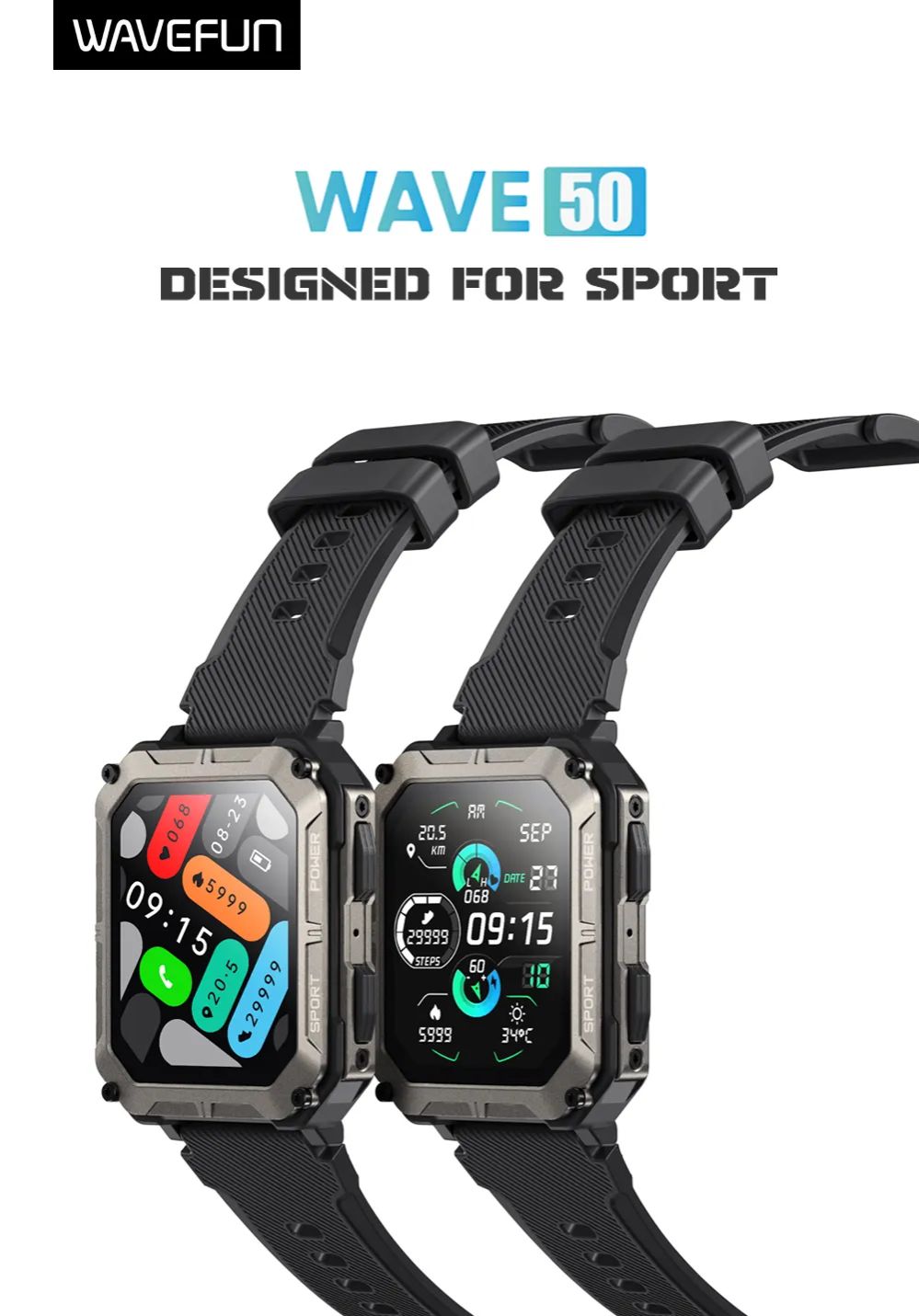 Picture of Wavefun Wave 50 Smart Watch for Men 1.83'' Fitness Rugged Smartwatch IP68 Ultra Waterproof Outdoor BT Call - Black