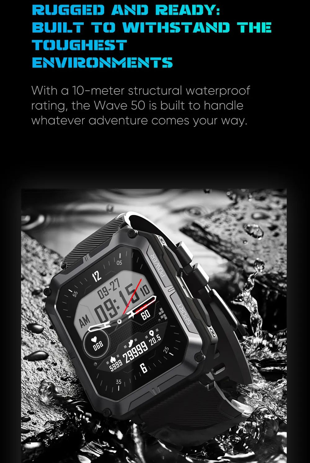 Picture of Wavefun Wave 50 Smart Watch for Men 1.83'' Fitness Rugged Smartwatch IP68 Ultra Waterproof Outdoor BT Call - Black