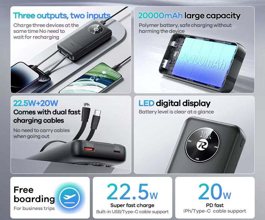 Picture of REMAX RPP-38 20W+22.5W Built-in Dual Fast Charging Cables 20000mAh Power Bank - Black