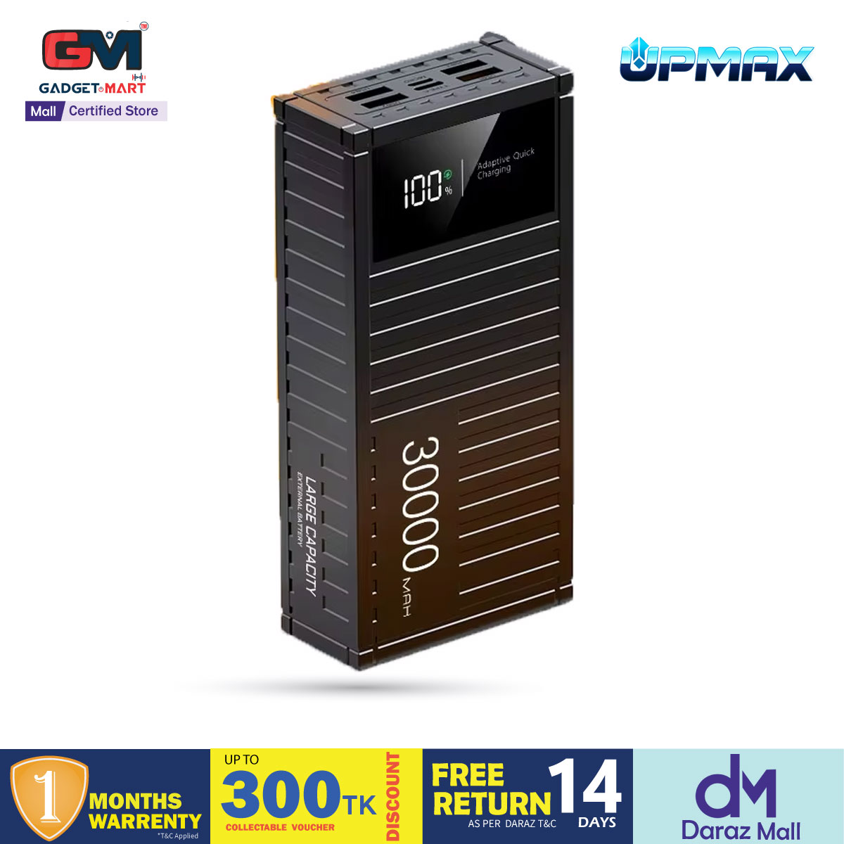 Picture of Upmax PD27W+ QC22.5W Fast Charging 50000mAh/30000mAh Power Bank with 4 Ports, LED Display, and 30 Days Warranty - Black