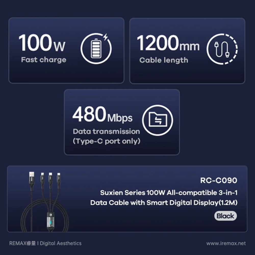 Picture of REMAX RC-C090 Suxien Series 100W All Compatible 3 In 1 Data Cable With Smart Digital Display - Black