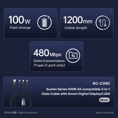 Picture of REMAX RC-C090 Suxien Series 100W All Compatible 3 In 1 Data Cable With Smart Digital Display - Black