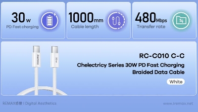 Picture of REMAX RC-C010 Chelectricy Series 30W PD Fast Charging Braided Data Cable - Black - White