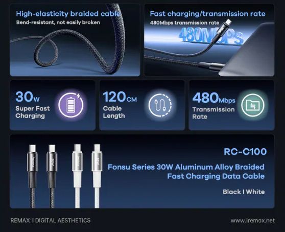 Picture of REMAX RC-C100 C-C Fonsu Series 30W Type-C to Type-C Fast Charging Data Cable - Black - Black