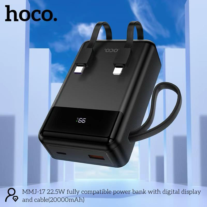 Picture of Hoco MMJ-17 Fully Compatible 22.5W Fast Charging 20000mAh Powerbank with Digital Display & 2 Built in Cable (Type-C & lightning) - Black - Black