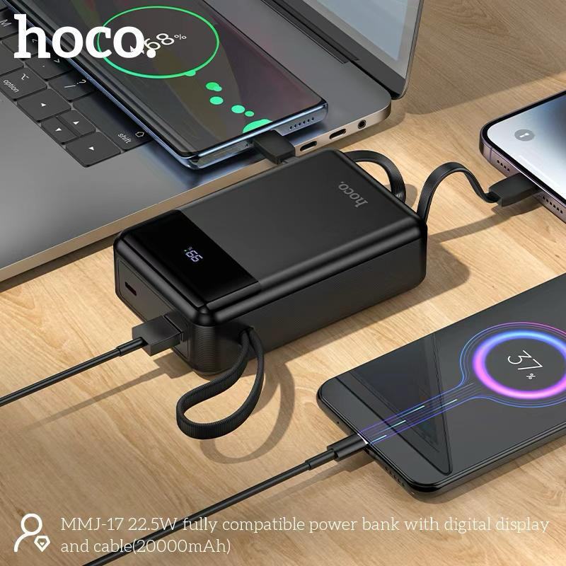 Picture of Hoco MMJ-17 Fully Compatible 22.5W Fast Charging 20000mAh Powerbank with Digital Display & 2 Built in Cable (Type-C & lightning) - Black - Black