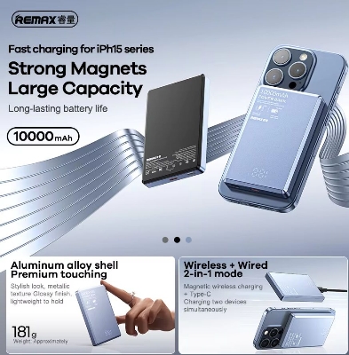 Picture of REMAX RPP-109 Vocard Pro Metal Body Ultra Slim 20W PD Fast Charging Magnetic Wireless 10000mAh Power Bank - Black - Matte Black