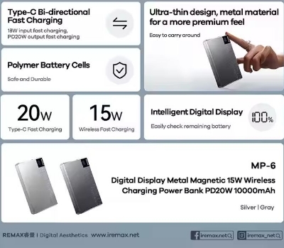 Picture of REMAX MP-6 Magnetic 15W Wireless Charging & PD20W Fast Charging Ultra Slim Digital Display Portable 10000mAh Power Bank- Black - Dark Grey