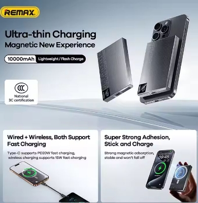 Picture of REMAX MP-6 Magnetic 15W Wireless Charging & PD20W Fast Charging Ultra Slim Digital Display Portable 10000mAh Power Bank- Black - Dark Grey