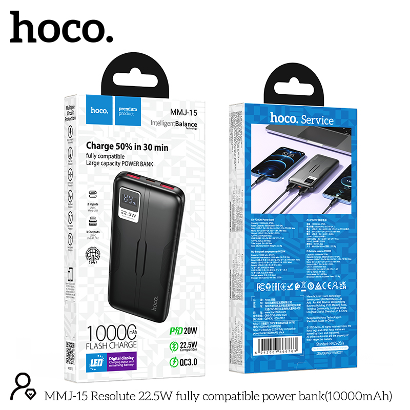 Picture of Hoco MMJ-15 Resolute 22.5W Fast Charging 10000mAh Power Bank - Black - Black