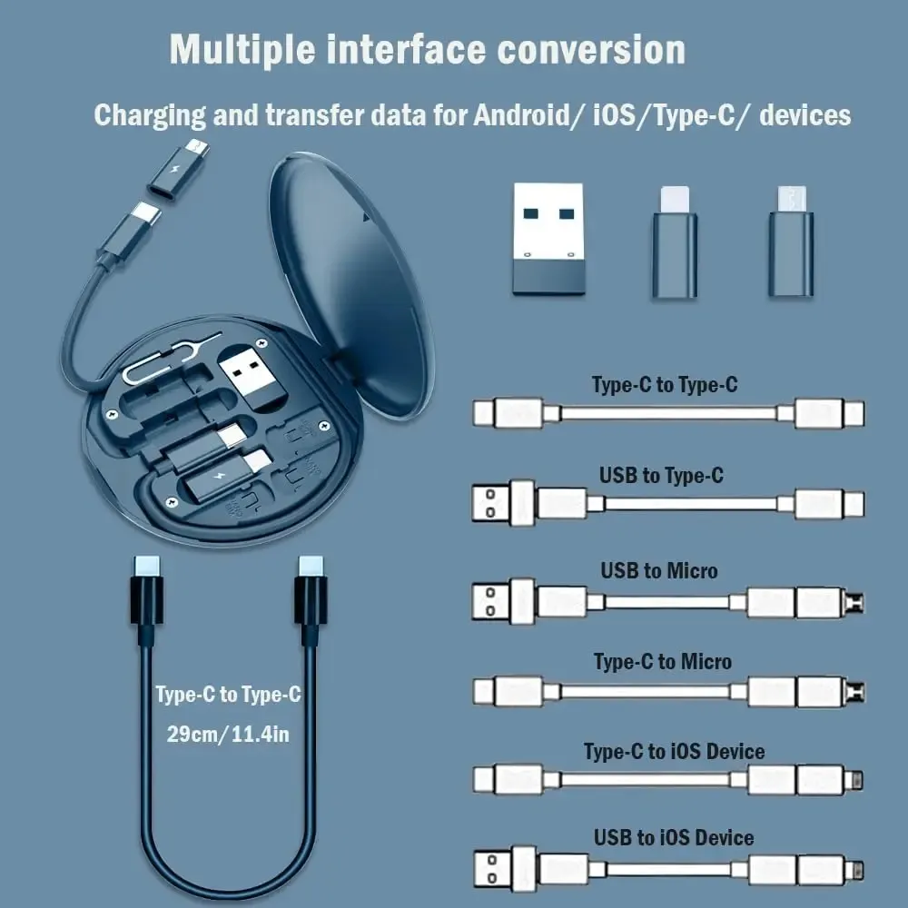 Picture of 60W Multifunction Charger Cable 6 in 1 USB C To Lightning Micro Fast Charging Cable Adapter Kits Mobile Phone Holder Storage Box - Blue