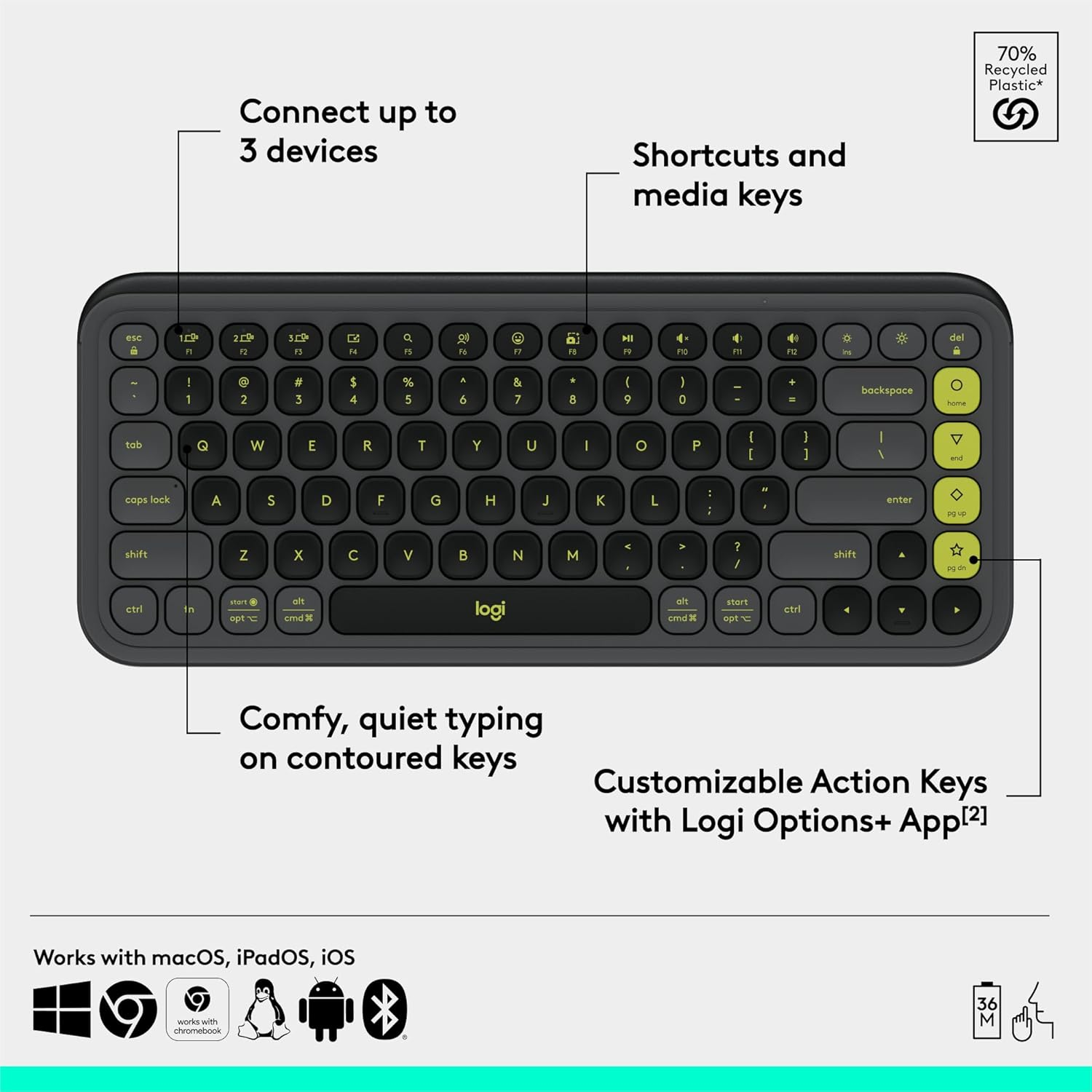 Picture of Logitech POP ICON Keys Wireless Bluetooth Keyboard, Comfortable Typing, Programmable Keys, Easy-Switch Between up to 3 Devices, for Laptop, Tablet, PC – Graphite and Green - Graphite Lime