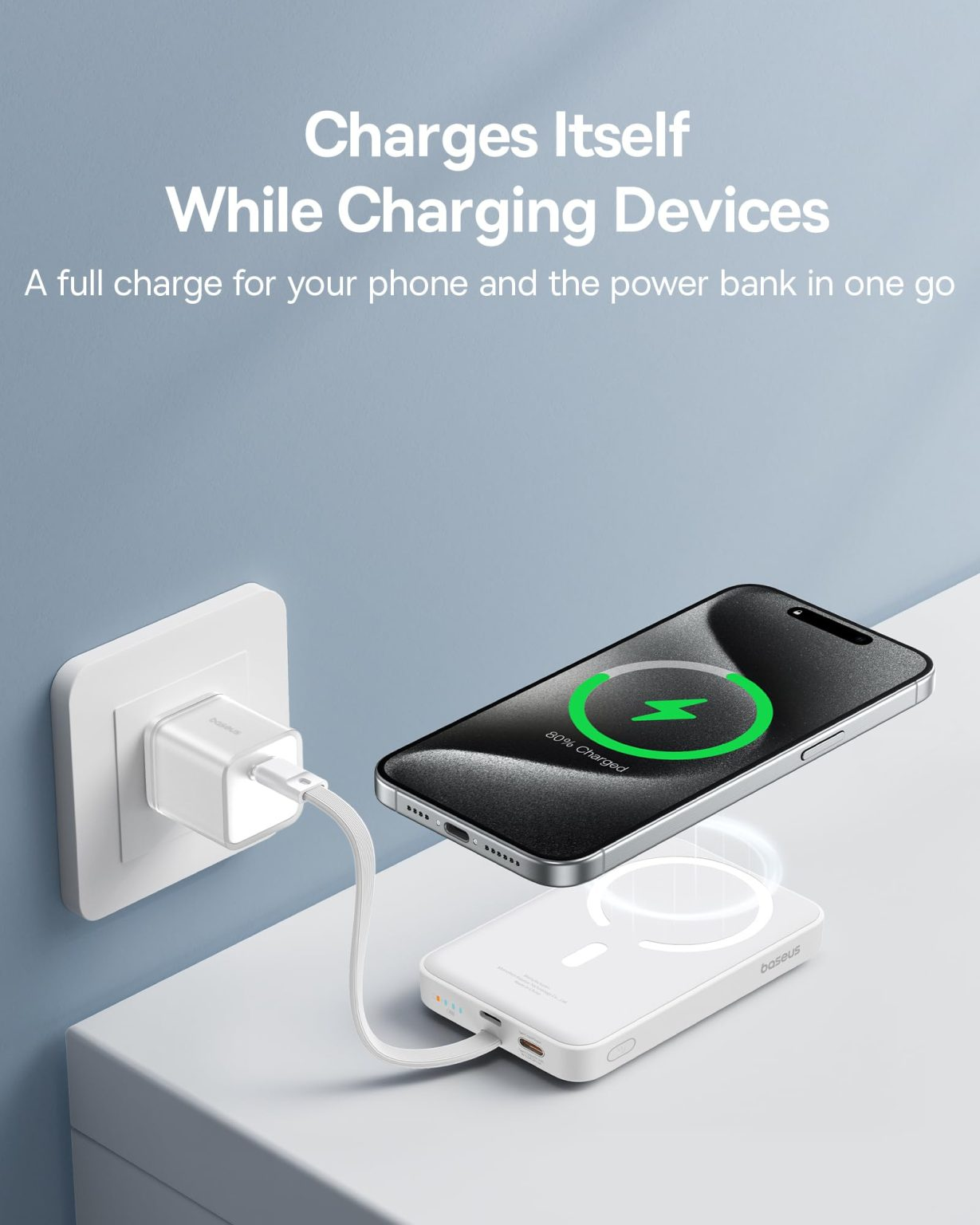 Picture of Baseus Magnetic 30W 10000mAh Power Bank With Built-in USB-C Cable - White