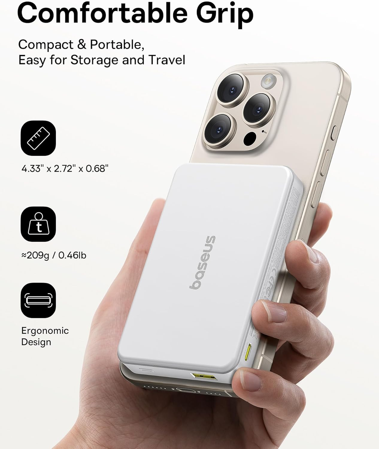 Picture of Baseus Qi2 Magsafe 10000mAh PD 22.5W Power Bank Wireless Magnetic Battery, USB-C Quick Charge for iPhone 17/16/15/14/13 Series, Samsung S/Ultra Series, Mini Powerbank USB-C, Small But Powerful - White