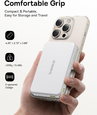 Picture of Baseus Qi2 Magsafe 10000mAh PD 22.5W Power Bank Wireless Magnetic Battery, USB-C Quick Charge for iPhone 17/16/15/14/13 Series, Samsung S/Ultra Series, Mini Powerbank USB-C, Small But Powerful - White