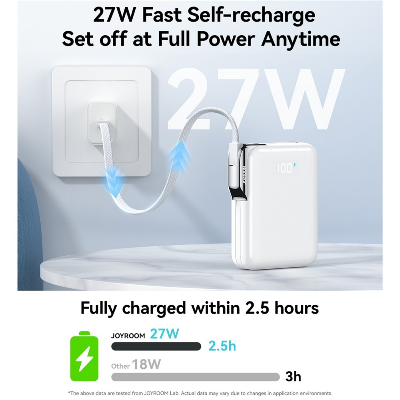 Picture of JOYROOM JR-PBF27 Pro Power Bank 30W Fast Charging 10000mAh Portable Charger Built-in Type-C and iP Cables - White